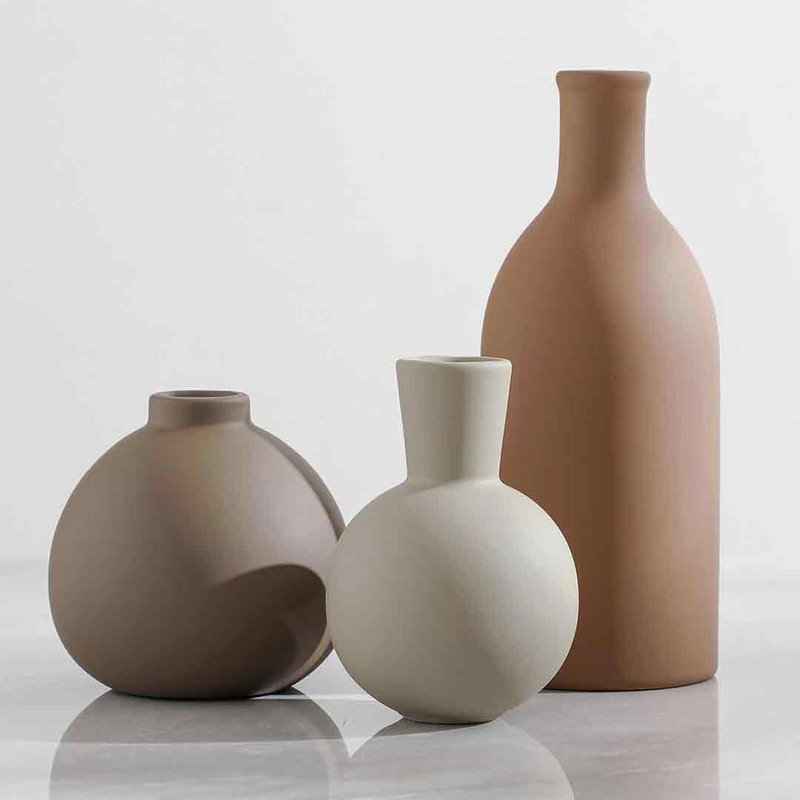 Set of 3 Brown and Beige Ceramic Vases