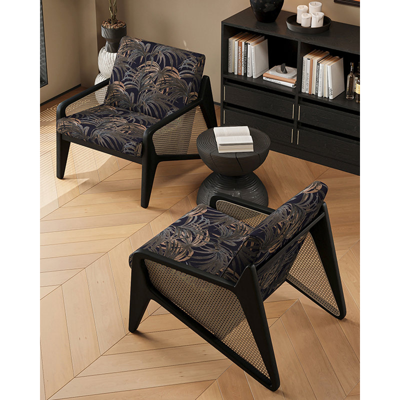 Fauteuil Mid-Century en rotin de bois massif, fauteuil d'appoint en tissu jacquard brun pour le salon