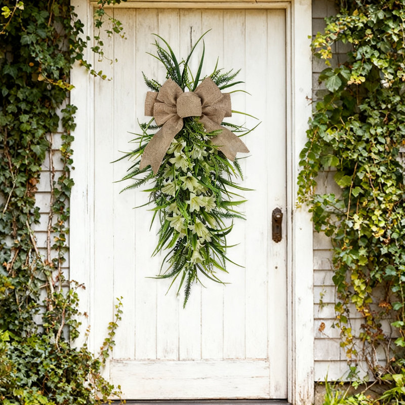 Couronne de larme artificielle 24 pouces avec nœud en toile de jute pour la décoration de la porte d'entrée, fenêtre intérieure et extérieure