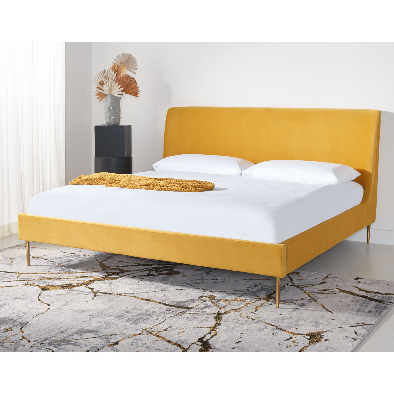 Venedy Upholstered Wingback Bed, King, Chartreuse Velvet