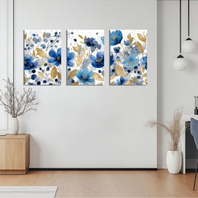 Blue Floral and Gold Leaf Abstract Canvas Wrapped Wall Art Set of 3