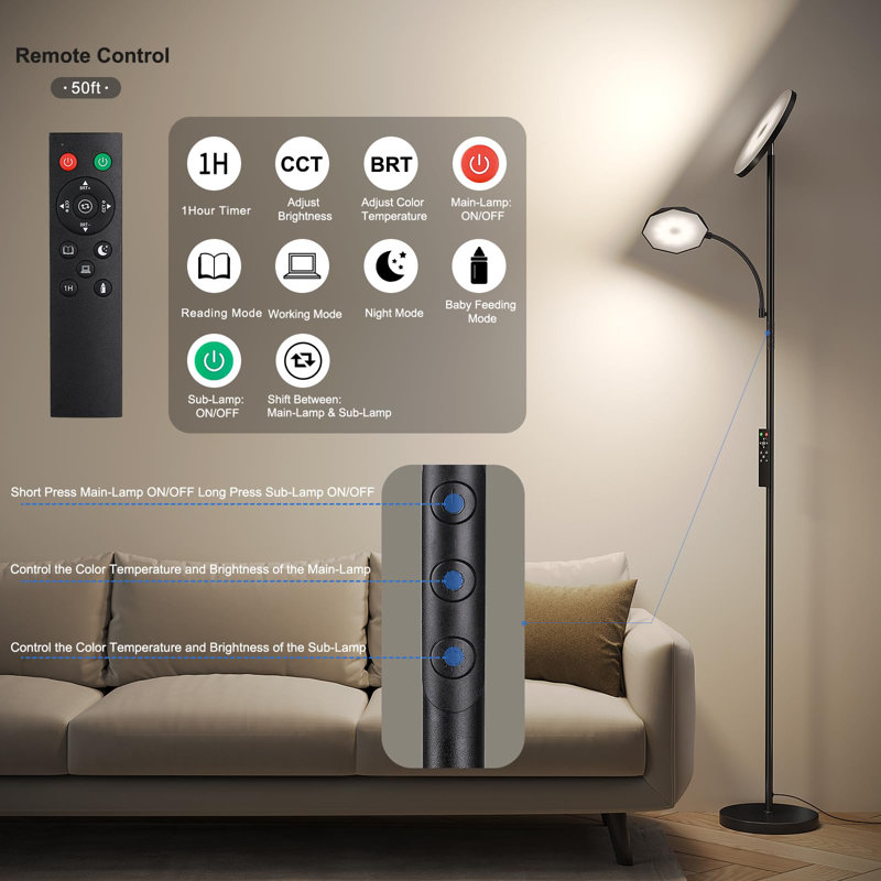 Floor Lamps For Living Room, 48W/4200LM Super Bright LED Floor Lamp With Remote Control, 69" Tall Standing Lamp With Stepless Dimmable, Modern Torchiere Reading Lamp For Bedroom, Office