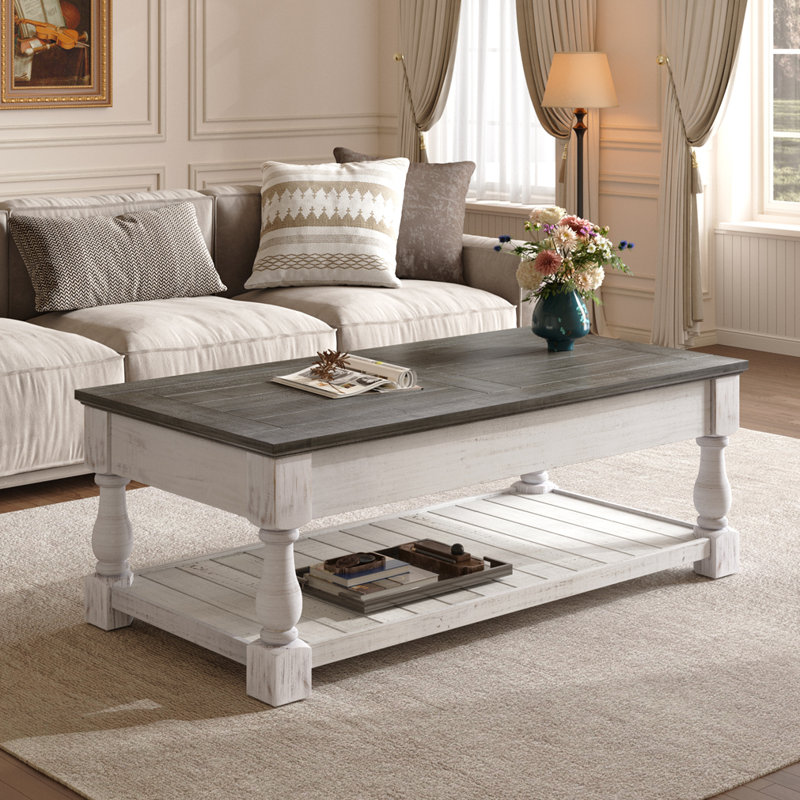 Table basse à plateau relevable Farmhouse, Blanc ancien, Gris antique