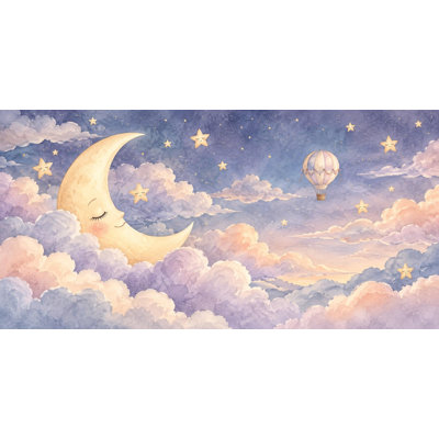 Twilight Moon Wallpaper Mural, Peel and Stick Kids Room Wall Mural, Watercolor Hot Air Balloon Nursery Wallpaper