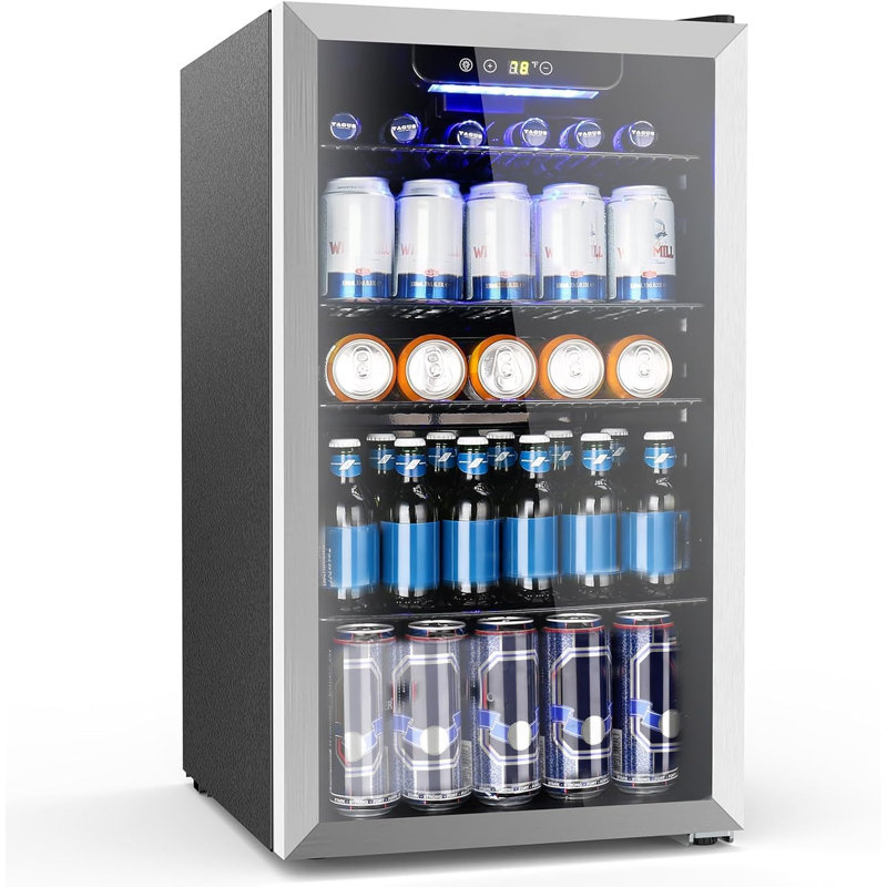 Mini Fridge 130 Can Beverage Refrigerator Cooler, 3.1 Cu.Ft Drink Fridge Silver Glass Door for Soda Wine Beer, Digital Temperature Control Cooler for Home,Bar