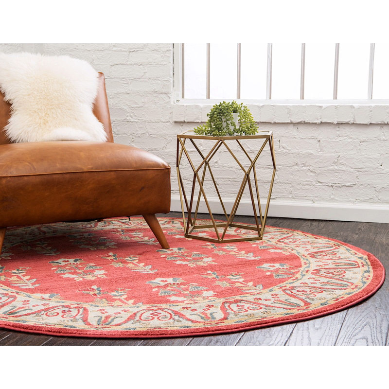 Tapis géométrique rouge / gris / olive Lela, Rond 6 pi