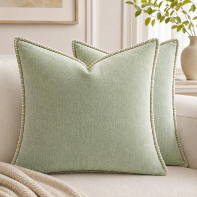 Decorative Throw Pillow Covers 18x18Inch, Pack of 2 Green | Chenille Soft Pillow Covers with Stitched Edge,Farmhouse Neutral Euro Decorative Pillows for Bed Couch Sofa Home Decor Room