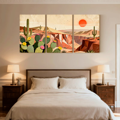 «Landscape & Nature Desert Landscape Cactus Sunset Reflection», ensemble de 3 reproductions d'art sur toile