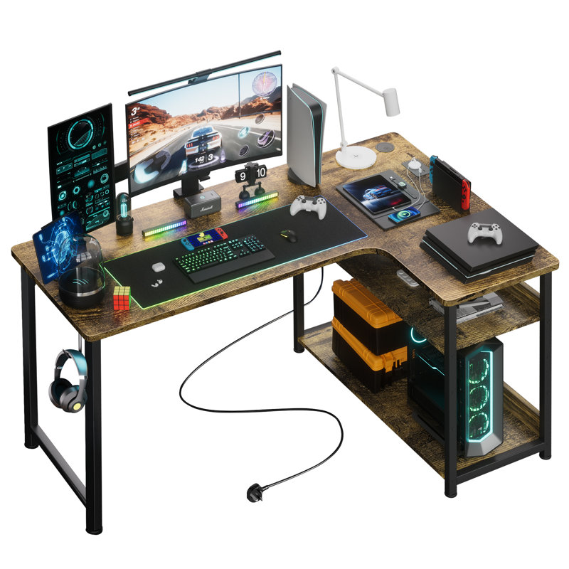 Hofstra L-Shaped Metal Base with Power Outlet Desk, Brown/Black, 74cm H x 110cm W x 80cm D