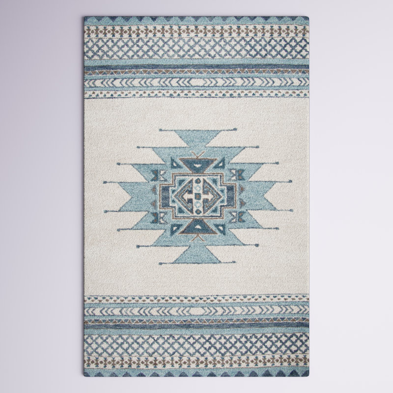 Mediouna tapis touffeté à la main aqua, Rectangle de 5 pi x 8 pi