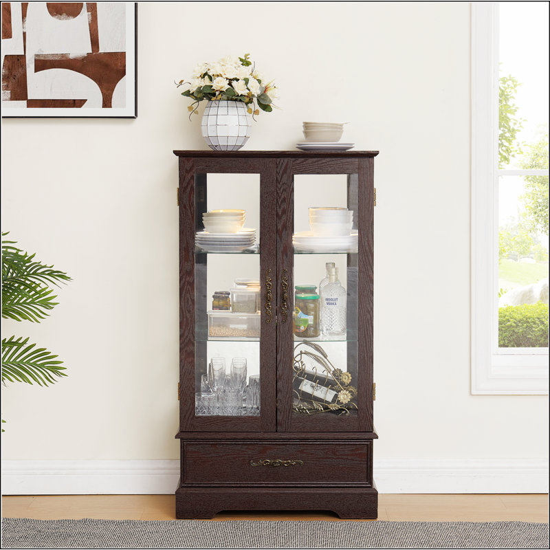 Vitrine vitrée éclairée avec tablettes réglables en verre 2 portes et 1 tiroir, Cerise