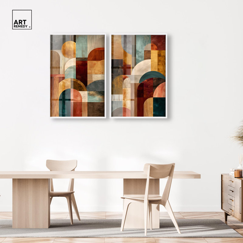 Contemporary Geometric Duo Shadowbox Print Abstract Boho Art Set by Art Remedy, Black Frame, 10 x 15, H 46 po x l 31 po