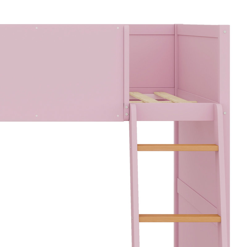 Lit mezzanine avec échelle et tablettes de rangement pratiques, Lit double, Pink + Natural Oak