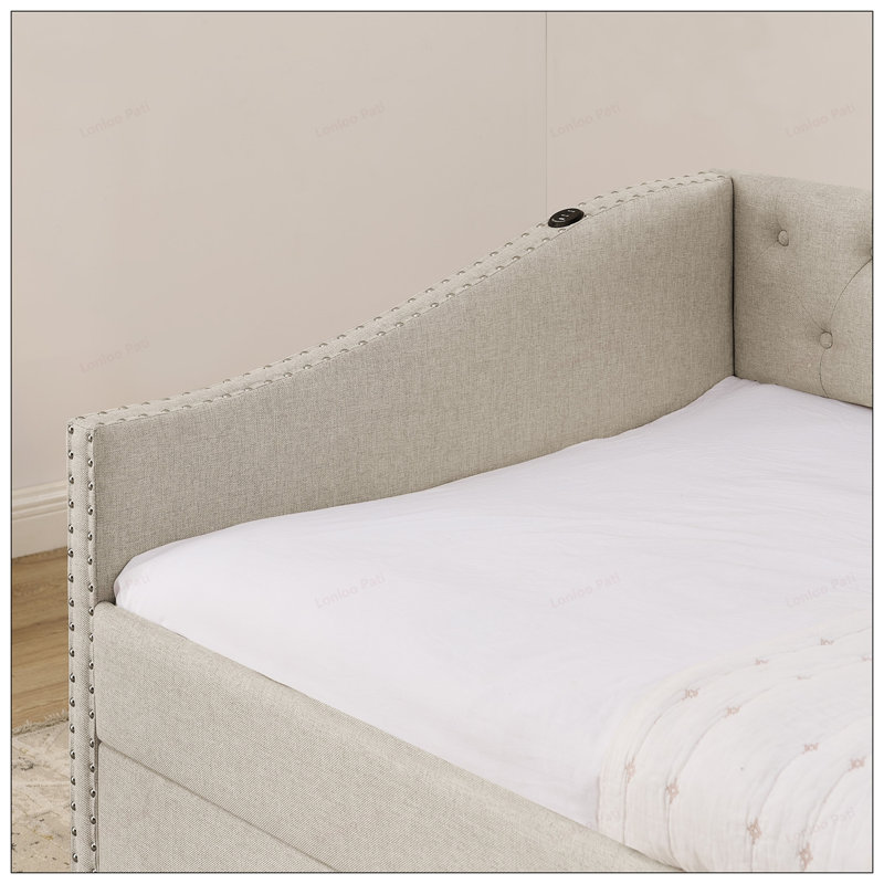 Lit de jour simple avec chargement USB, lit escamotable extensible et dossier capitonné élégant, Beige