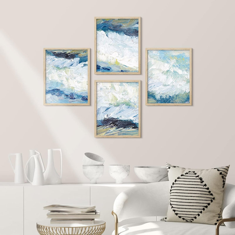 «Blue Ocean Waves», ensemble de 4 illustrations géométriques abstraites, encadrées sur papier, 4 pièces, Naturel