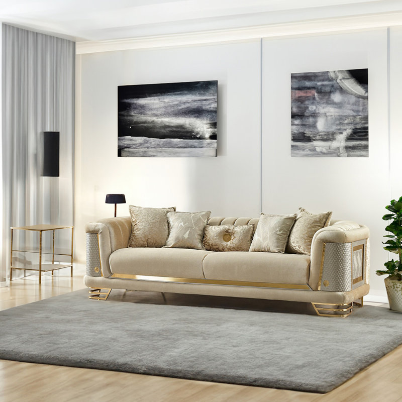 Luxury Tufted Velvet Sofa With Gold Accents – Modern Upholstered Couch In 4 Elegant Colors, Beige