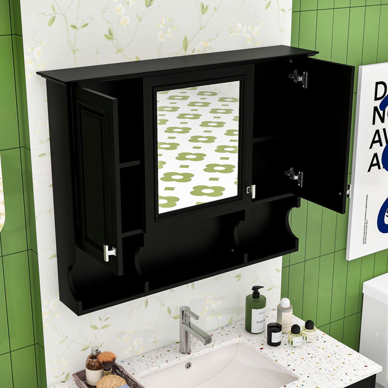 Modern Minimalist Bathroom Mirror Cabinet with Adjustable Storage, Black