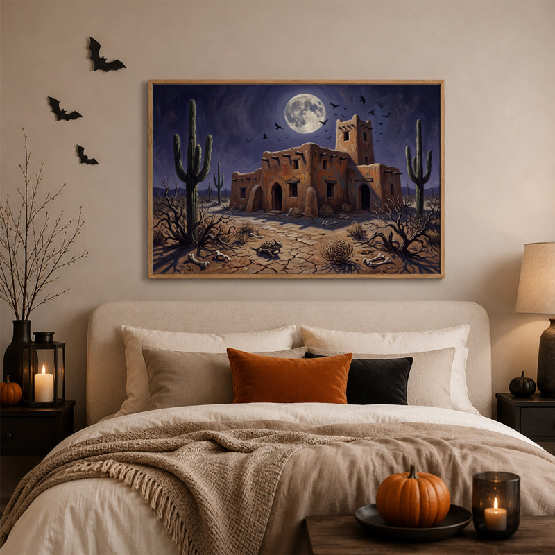 "Adobe" sous la pleine lune avec des cactus de Saguaro, art mural d'Halloween, 32"H x 48"W