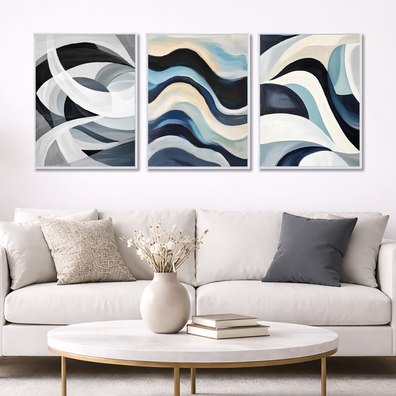 Coastal Rift Beyond the Dunes - White Abstract Minimalisme, reproduction sur toile encadrée 3 pièces, White Floater Framed