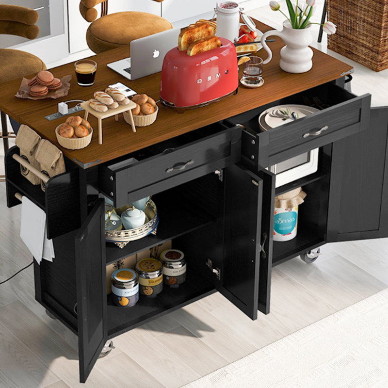 Îlot de cuisine l 53,5 po Durarte, roues verrouillables, abattant, Noir, noir, noir, noir, Bois manufacturé