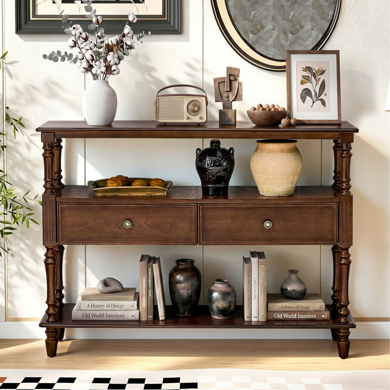 Console à 3 niveaux avec 2 tiroirs, finition en placage de bois véritable, glissières de tiroir à glissement lisse, pieds en bois d'hévéa massif