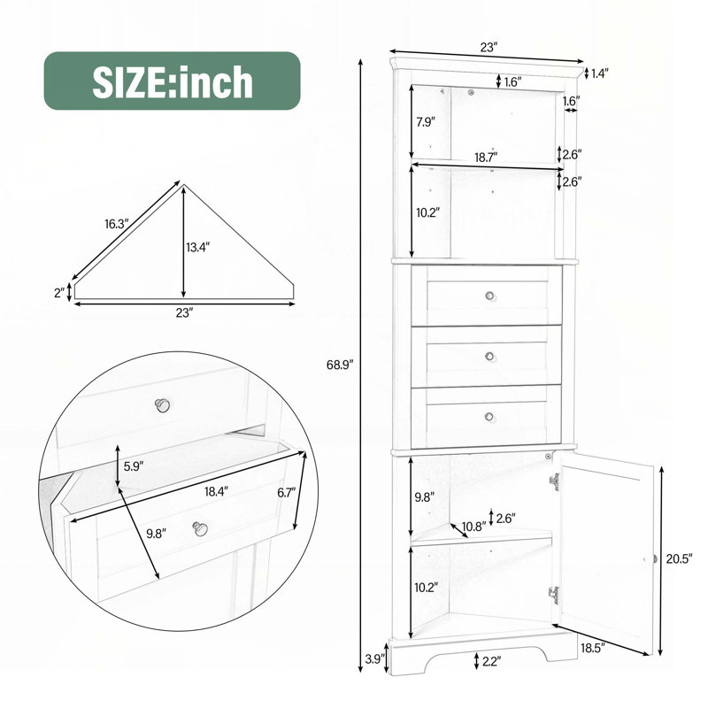 Corner Bathroom Storage Cabinet with 3 Drawers and Adjustable Shelves, Black