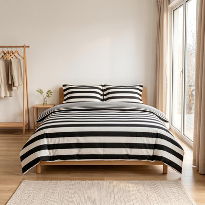 3 Pieces Duvet Cover Set, Brushed Microfiber Zipper Comforter Cover, Black and White Striped Printed - NTBAY