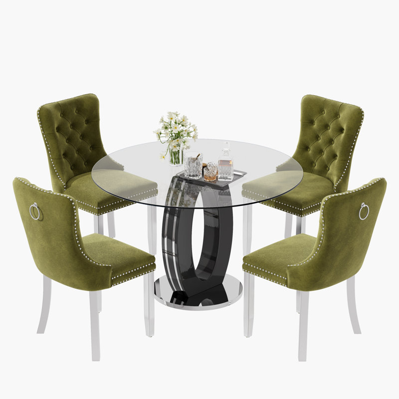 Ensemble de salle à manger 5 pièces, Vert olive, Noir / argenté