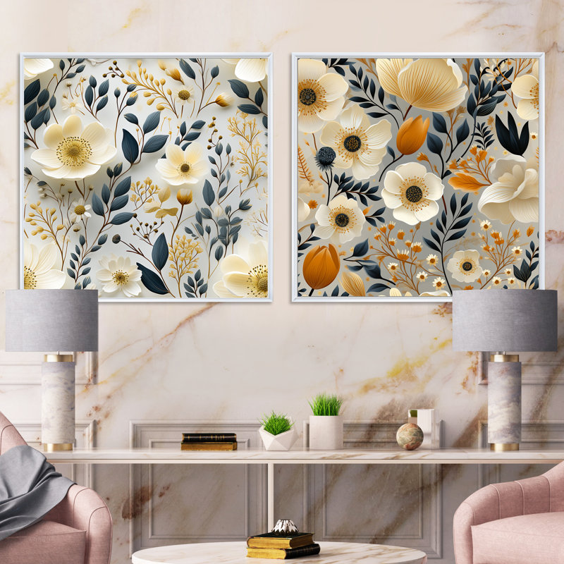 Lylia - Ensemble de 2 collages floraux carrés, H 16 po x l 33 po, Cadre flottant blanc