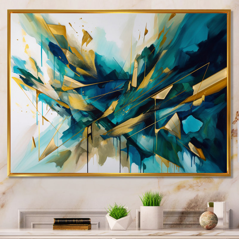 «Golden Explosion Triangles VII», art mural moderne sur toile géométrique, H 30 po x l 40 po x P 1,5 po, Cadre flottant doré