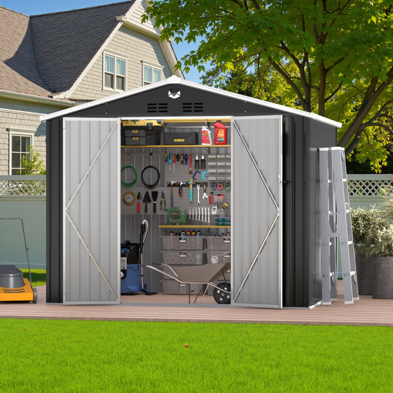 10 Ft. W x 8 Ft. D Galvanized Steel Frame Metal Storage Shed with Dual Lighting (Solar & Handheld) - Black, Black
