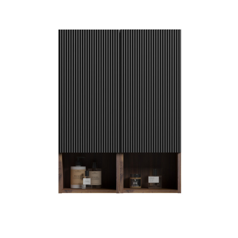 Armoire latérale Mid-Century noir et noyer pour salle de bain Cc1014s110,309, rangement de 14 pouces, textures à rayures chics, panneaux en bois massif multicouches E1-Grade ouverts, surface douce, rails, charnières