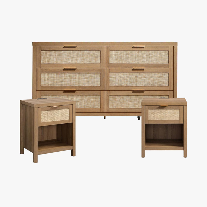 Ensemble de chambre à coucher en rotin Boho, commode à 6 tiroirs et table de chevet à 1 tiroir avec station de recharge, Brun