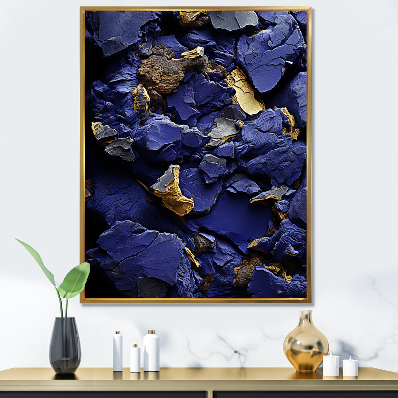 Sapphire Serenade Abstract Collage Rock - Collages abstraits, art mural, Cadre flottant doré, 32" H x 24" W