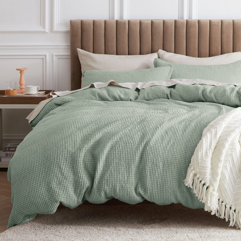 Essential Collection 100% Cotton Waffle Weave Duvet Cover Set, Sage Green, King Duvet Cover + 2 King Shams