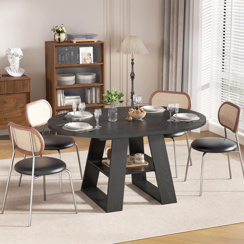 Table de salle à manger extensible ronde 43,3 "à 59" pour 2 à 8 personnes avec tablette de rangement, Noir
