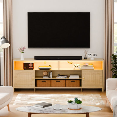   70.1“ W Modern Fluted Storage TV Stand For TVs Up To 80" With LED Light And Power Outlet, Mid Century Wood Media Console Table with Sound Bar Shelfves, Multimedia Storage Furniture With Cabinets and Open Storage,Gift
