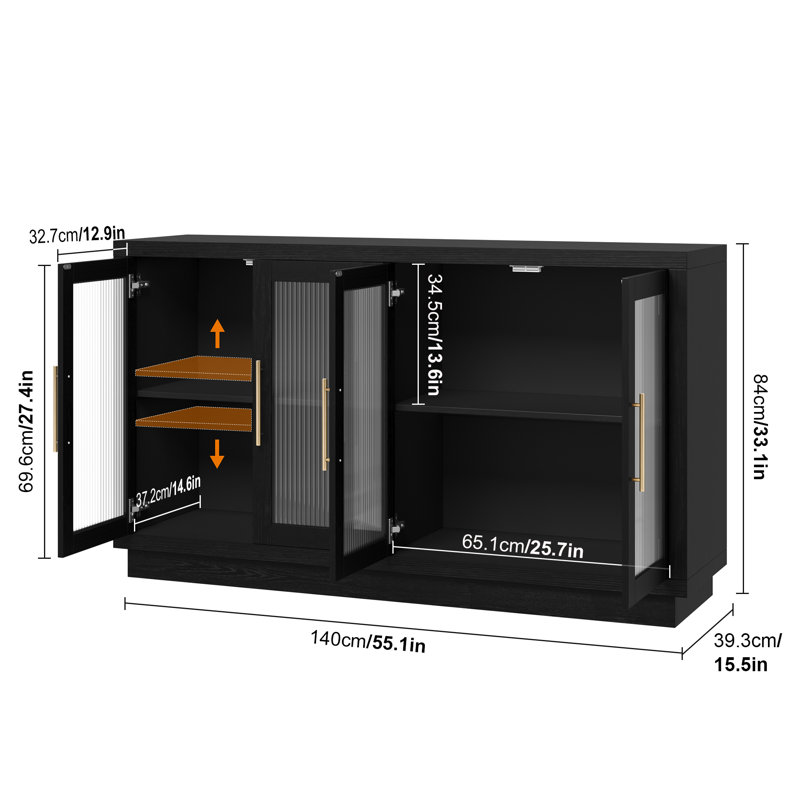 Veltri 55.1W Modern Sideboard, Buffet with Adjustable Shelves and Tempered Glass Doors