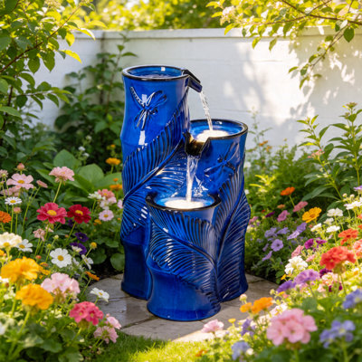Fontaine d'extérieur en céramique de 26 po de hauteur avec cascade d'eau de style bambou bleu avec texture feuille et libellule