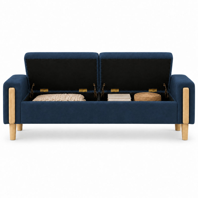 Banc de rangement moderne à double couvercle, capitonné, avec compartiment caché spacieux et accoudoirs, idéal pour l'entrée de chambre et le salon.