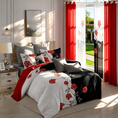 Queen Size 9-Piece Red Rose Two-Tone Bedding & Curtain Set (Queen) - Quilted Microfiber Bedspread + Sheer Drapes