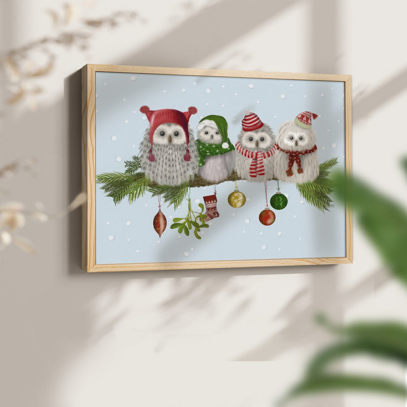 Hiboux de Noël moelleux sur une branche - reproduction encadrée - réversible, H 8 po x l 10 po, Naturel