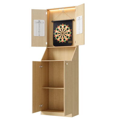 74.8" Dartboard Cabinet With Storage, Wooden Game Center With Magnetic Scoreboards & LED Light