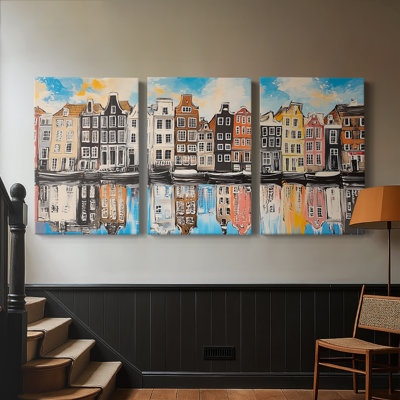Ensemble coloré d'art mural sur toile 3 pièces, canal de Amsterdam coloré, 24 x 36 chaque panneau, galerie tendue prête à être accrochée - série paysage XLVII