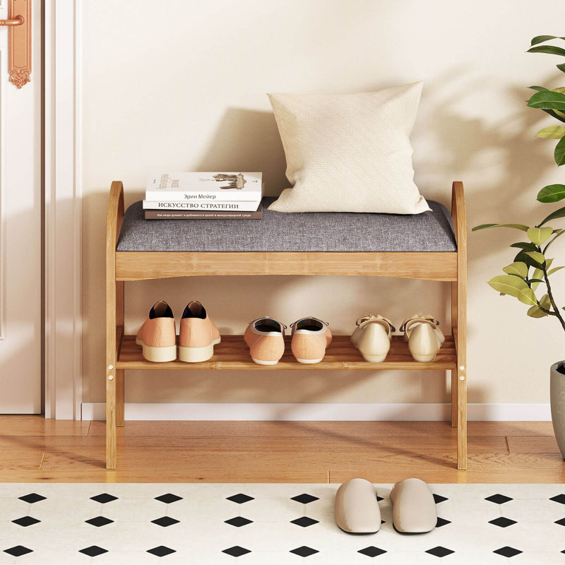 Bamboo Entryway Shoe Bench 2-Tier Shoe Rack with Padded Seat Cushion for Hallway