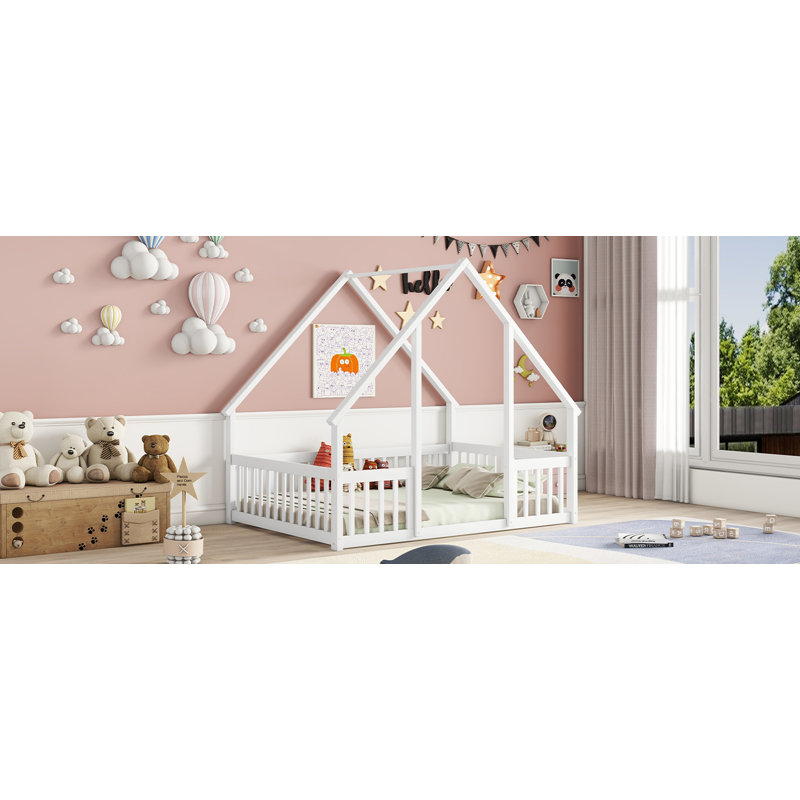 WoodNest House-Shaped Floor Bed with Guardrails, Full, White