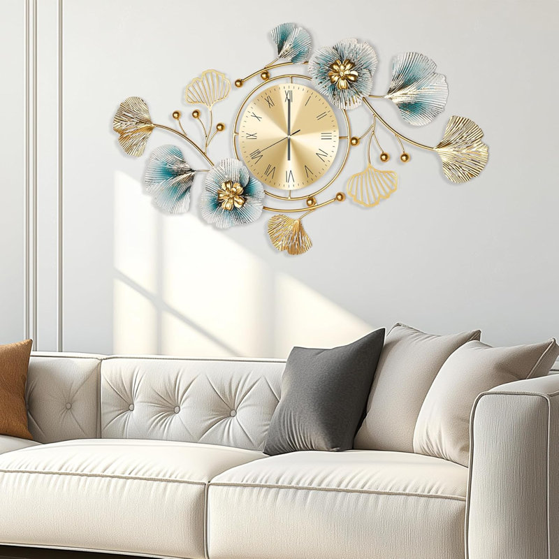 Horloge murale rétro Marler, motif de feuille de ginkgo en métal silencieux, horloge décorative pour salon, chambre à coucher, bureau, cuisine