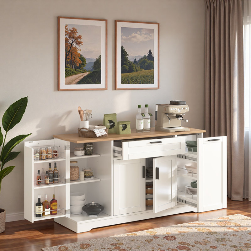 Multi-functional Storage Sideboard With Adjustable Shelves, 3-tier Pull-out Rack, Drawer And Door Storage Racks, White