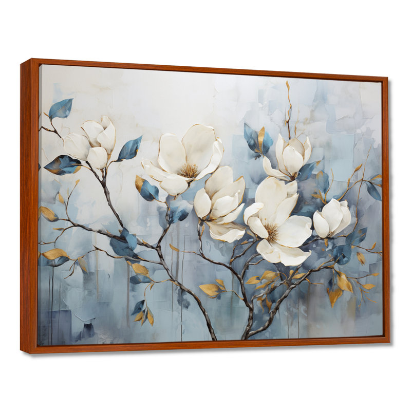 Elegant Magnolias Tranquility - art mural de salon Magnolias, H 30 po x l 40 po, Reproduction avec cadre flottant, Brun