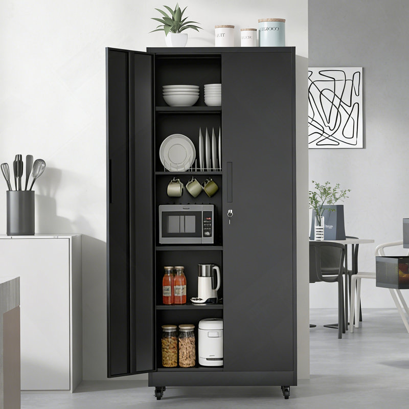 Heavy Duty Rolling Garage Storage Cabinet With Lockable Wheels, 4 Adjustable Shelves, And 3-Point Security Lock For Secure Tool Organization.